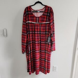 Womens Red Plaid Long Sleeve Nightgown Lace Trim Plus Size 3X 30/32 NWT